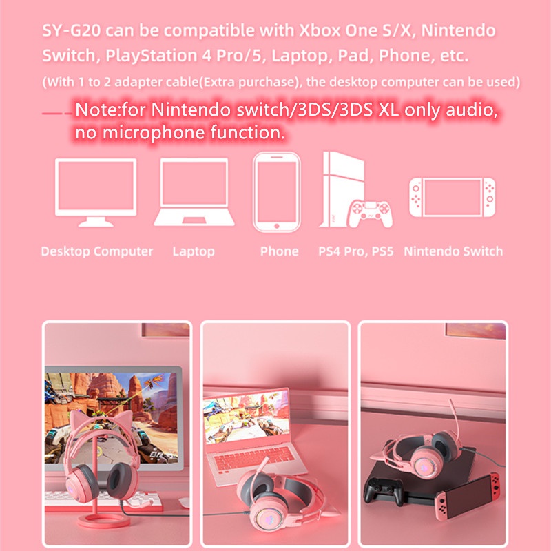 Tai Nghe Trùm Đầu Chơi Game Có Mic & Dây Đèn RGB Hình Tai Mèo Cho Điện Thoại PS4/PS5