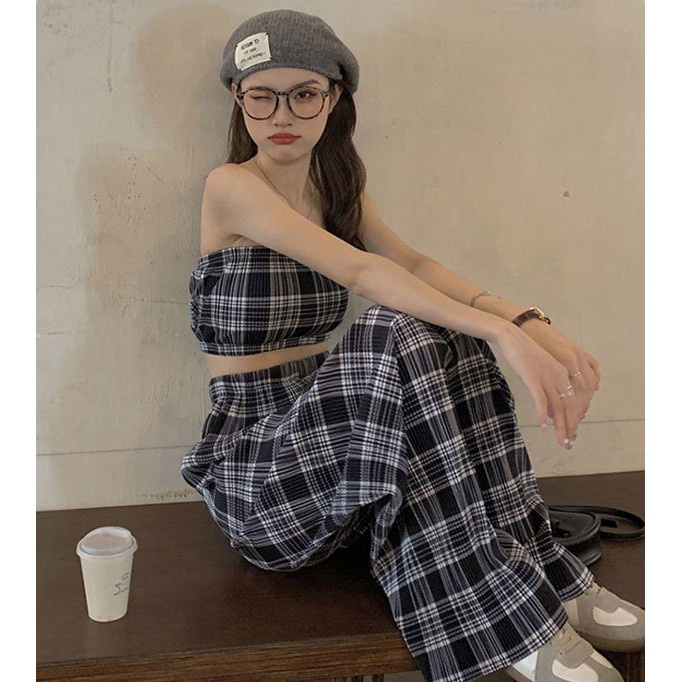 SET ÁO QUÂY CARO MIX QUẦN CULLOTES KẺ - SET 2 MÓN ÁO QUÂY KẺ + QUẦN CARO ỐNG RỘNG