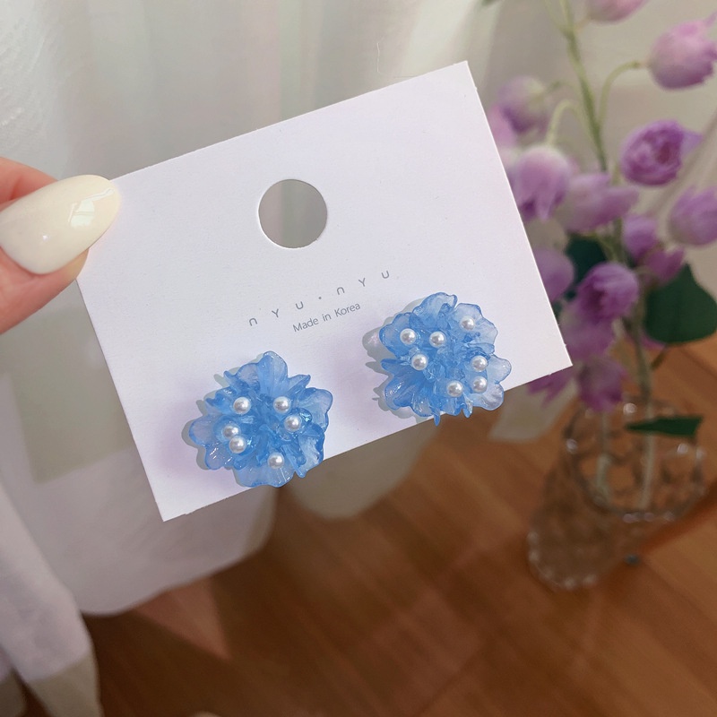 Bông Tai Mạ Bạc 925 Hình Hoa Trà Đính Ngọc Trai Xanh Dương Trong Suốt Phong Cách Mới