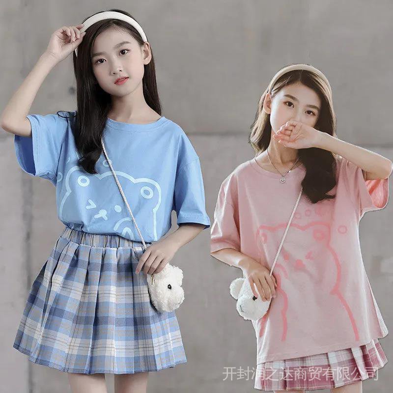 Bộ Áo Thun + Chân Váy Ngắn Kẻ Sọc Caro Thời Trang Mùa Hè Mới Cho Bé 3-5-8-10-13 Tuổi 15-45KG Cho Bé Gái