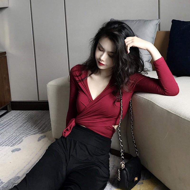 Áo lửng dài tay cổ V màu trơn thời trang Hàn Quốc quyến rũ cho nữ