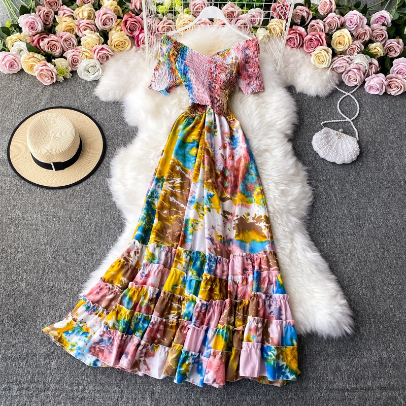 Đầm Maxi Đi Biển Váy Họa Tiết Loang Trễ Vai Độc Đáo Cho Mùa Du Lịch