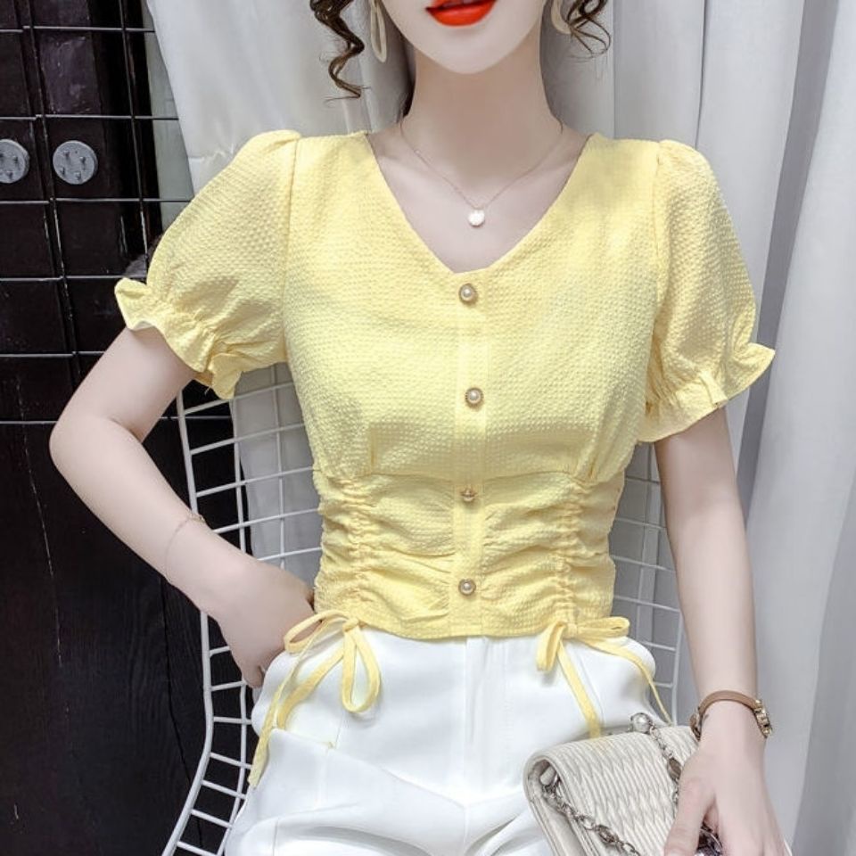 AMOI Áo Chiffon Tay Ngắn Cổ Chữ V Phối Dây Rút Thời Trang Phong Cách Phương Tây Cho Nữ