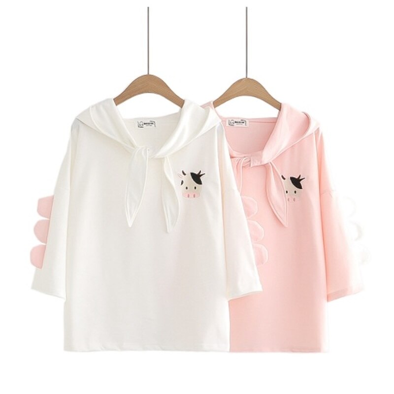 Áo Hoodie Cotton Tay Lửng Thêu Họa Tiết Hoạt Hình Dễ Thương Thời Trang Mùa Hè Cho Nữ 2021