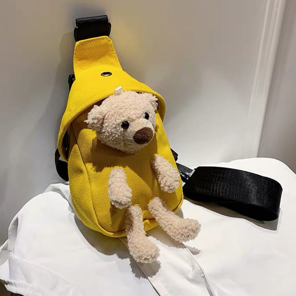 Túi bao tử, túi đeo chéo gắn hình gấu bông cute xinh xắn kiểu dáng Unisex Hàn Quốc nhiều màu