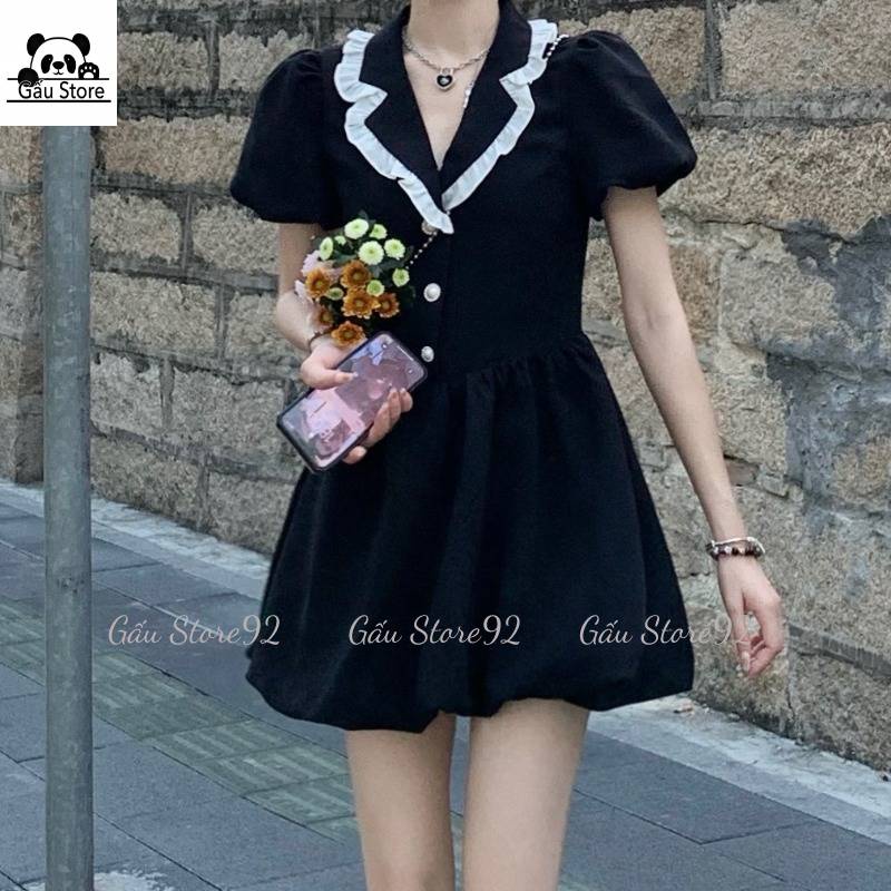 Váy đầm nữ màu đen cổ vest viền bèo tay bồng babydoll