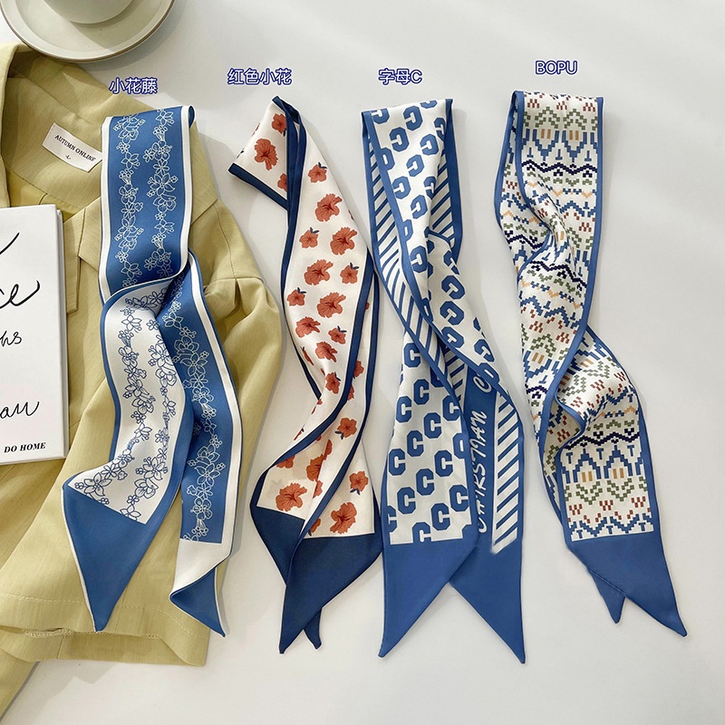 [Spring and summer new] blue style gentle daily matching small silk scarf women's hair band tie hair thin narrow ribbon tie bag spring and summer Korean style scarf
