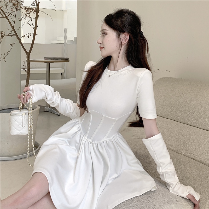 Đầm Chữ A Tay Dài Cổ Tròn Ôm Eo Co Giãn Phong Cách Mùa Thu Pháp Mới Cho Nữ