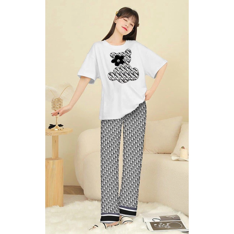 Set Bộ Thun - Áo Thun Form Rộng Họa Tiết In Gấu Kèm Quần Dài - Set Mặc Nhà Đi Dạo Đều Siêu Xinh