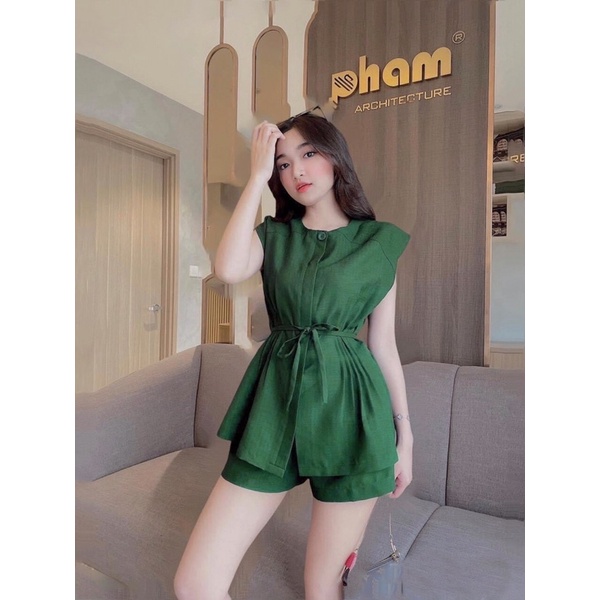 Sét bộ nữ xếp eo kèm dây thắt eo + quần short