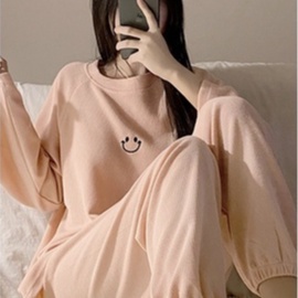 Set bộ tổ ong, set áo sweater Măt Cười cổ tròn phom rộng phối quần dài jogger ống đứng freesize hàn quốc mặc nhà C1108