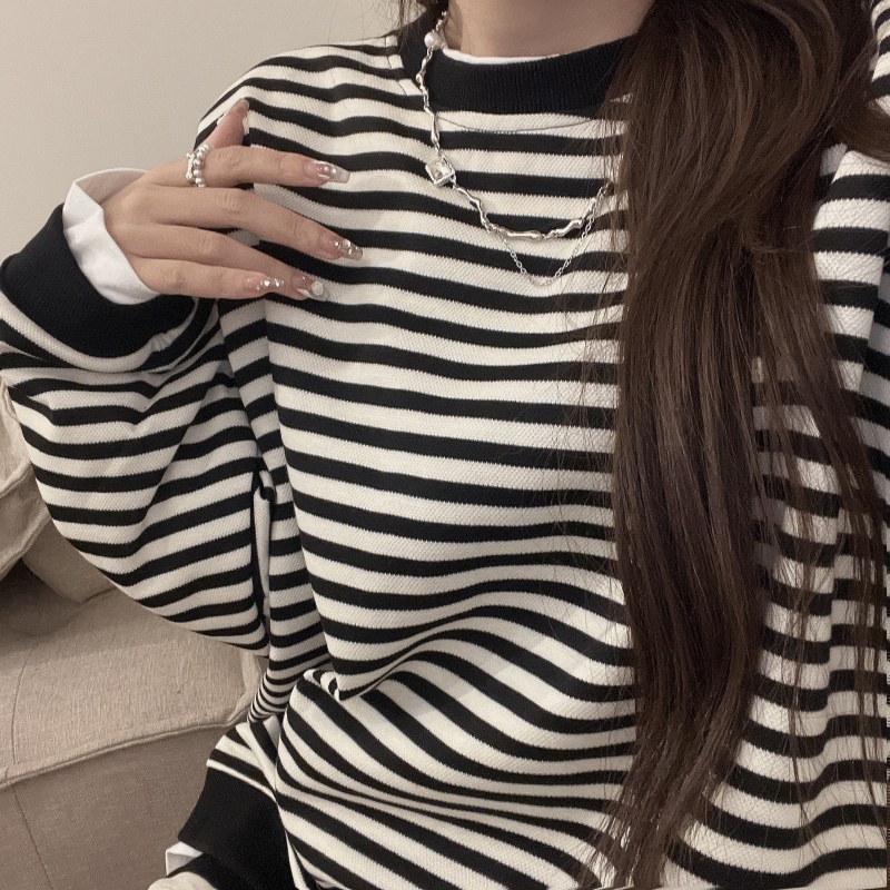 ZHELIHANGFEI Áo Thun Tay Dài Giả Hai Lớp Họa Tiết Kẻ Sọc Trẻ Trung