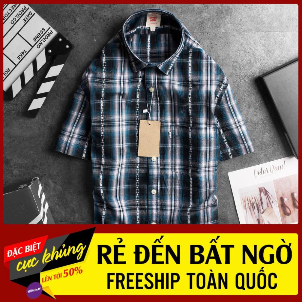Áo sơ mi nam tay ngắn Levis cao cấp caro hoa văn thêu màu Xanh Da Trời chủ đạo - Phong Cách Sang Trọng ྇