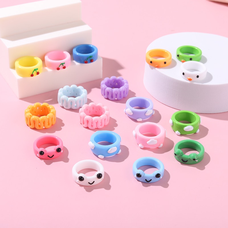 Nhẫn ngón tay đất sét Polymer resin hình ếch hoạt hình/trái cây/động vật nhiều loại màu kẹo thời trang cho nữ
