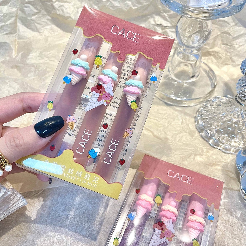 Set 3 Son Kem Lì Nhung Mịn Thiết Kế Hình Que Kem Hoạt Hình Dễ Thương