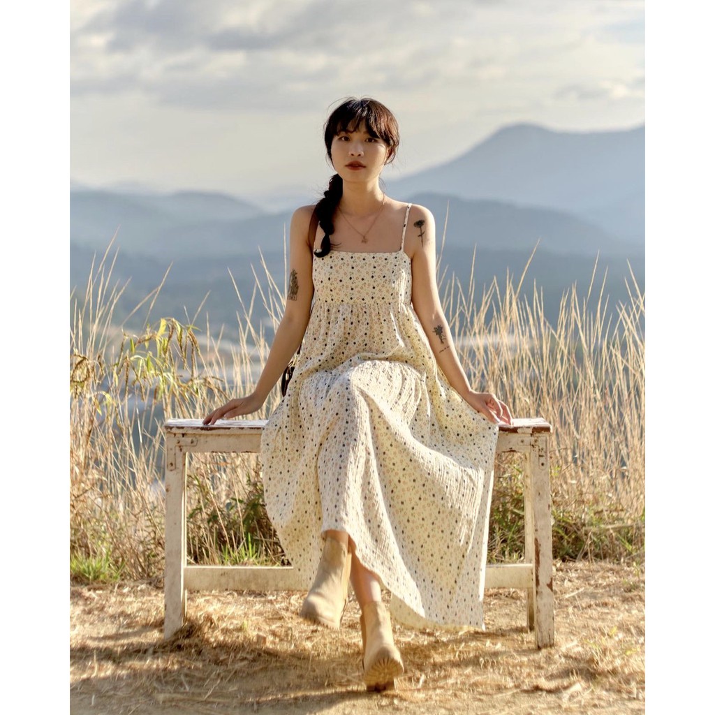 Váy 2 Dây Hoa Vàng Liti Nữ [FREESHIP] 🌸 Đầm maxi đi biển dáng suông dài, babydoll vintage bánh bèo Ulzzang HOT 🌸 | BigBuy360 - bigbuy360.vn