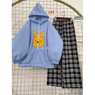 Xả hàng giá gốc-sét áo hoodie gấu mặt vàng +quần kẻ đen ln11
