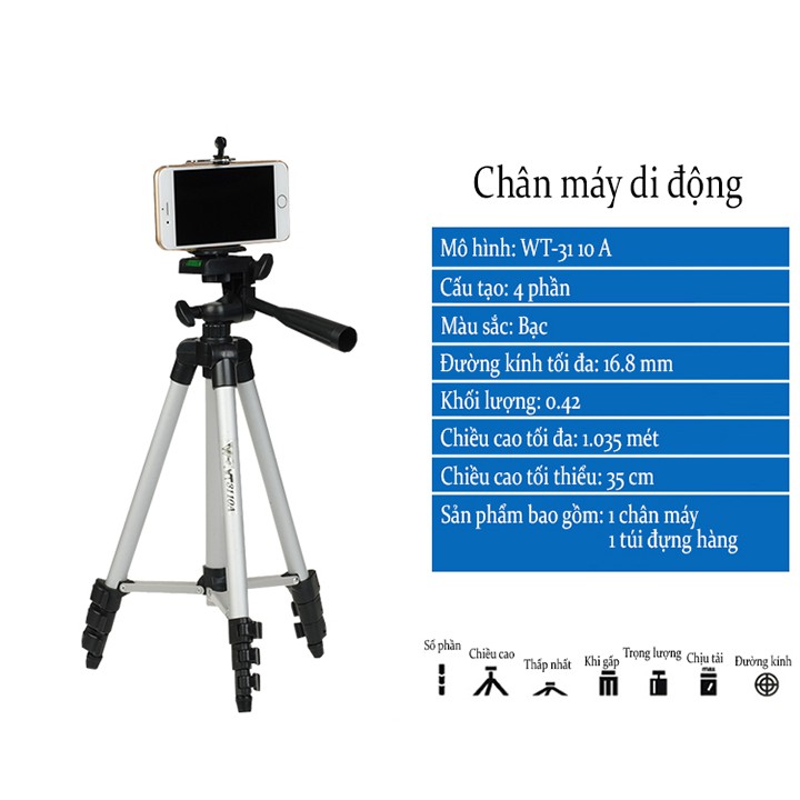 Gậy Chụp Hình 3 Chân Tự Sương Tripod 3110 + Kèm Giá Đở Điện Thoại (Remote Và Đèn Trợ Sáng)