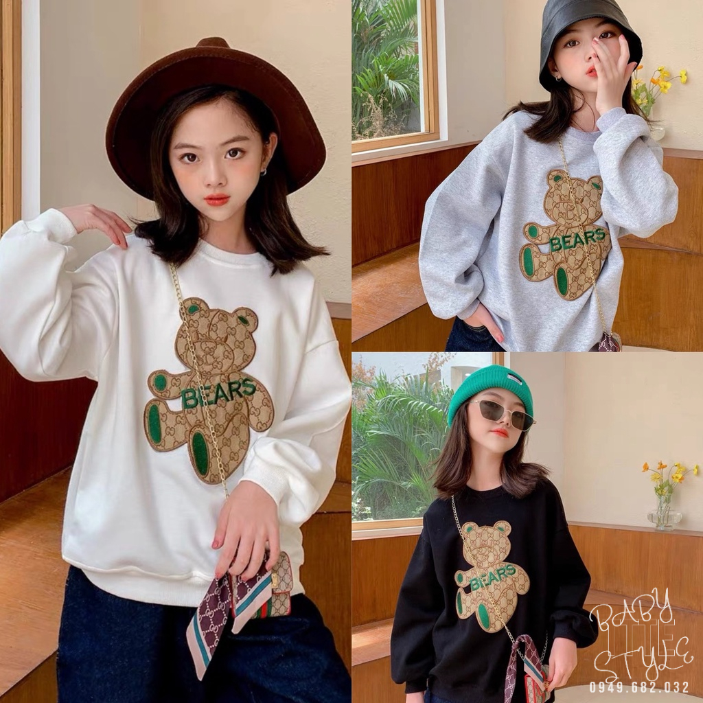 Áo thu đông bé gái &quot;BEAR&quot; 14-45kg, áo sweater dài tay cổ tròn 4-14 tuổi, gấu thêu đáp nổi xinh xắn. G47