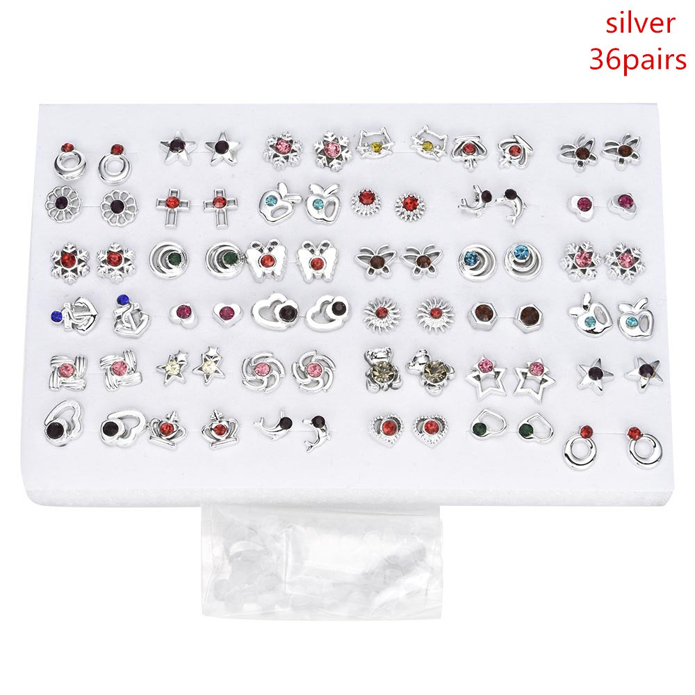 Bộ 12/36 đôi khuyên tai xỏ mini bằng nhựa đính pha lê thời trang dành cho nữ