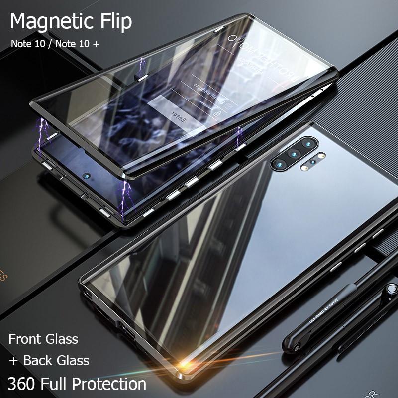 Ốp điện thoại tráng kính cường lực hai mặt từ tính bảo vệ 360 độ cho Samsung Galaxy Note 10 Plus