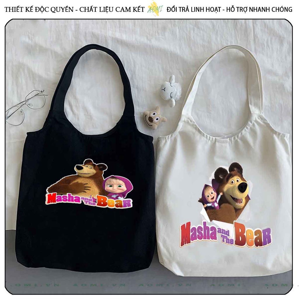 TOTE CANVAS masha and bear FORM TRÒN TÚI VẢI ĐEO VAI BAG NÚT BẤM SIZE LỚN AOMIVN DU LỊCH DẠO PHỐ CÁ TÍNH