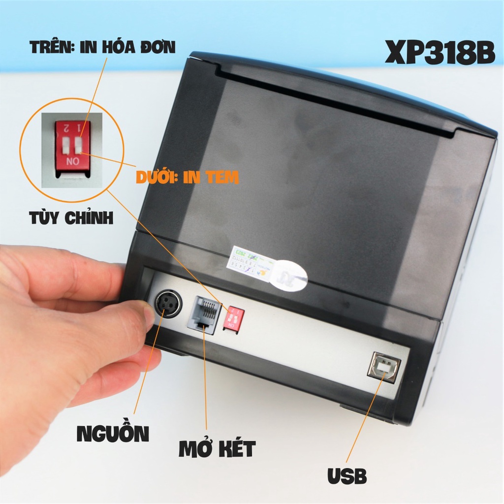 Máy in dPos Xprinter XP318B &amp; XP350B in tem nhãn mã vạch Minicode, tem phiếu vận chuyển và in Bill hóa đơn cửa hàng