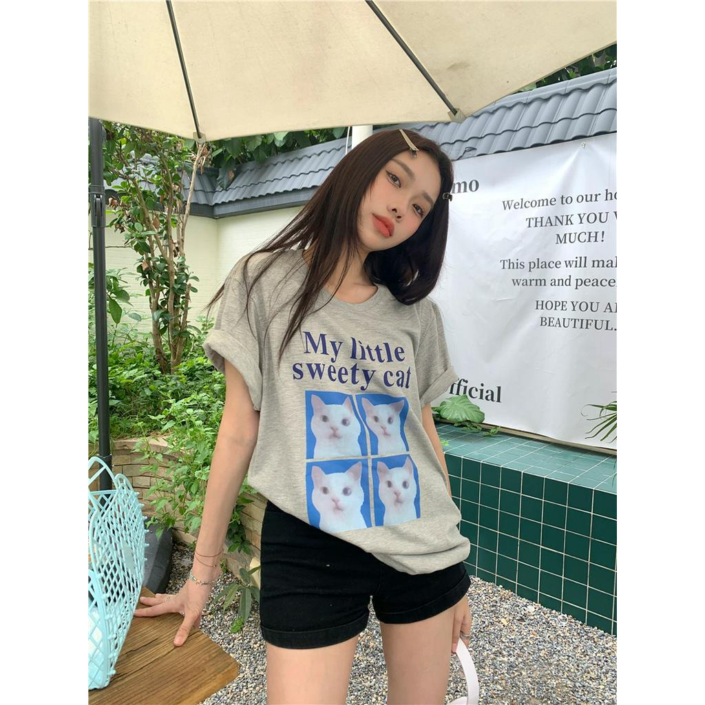 Áo Thun Cotton Cổ Tròn Dáng Rộng Ngắn Tay In Hình Mèo Dễ Thương 63931