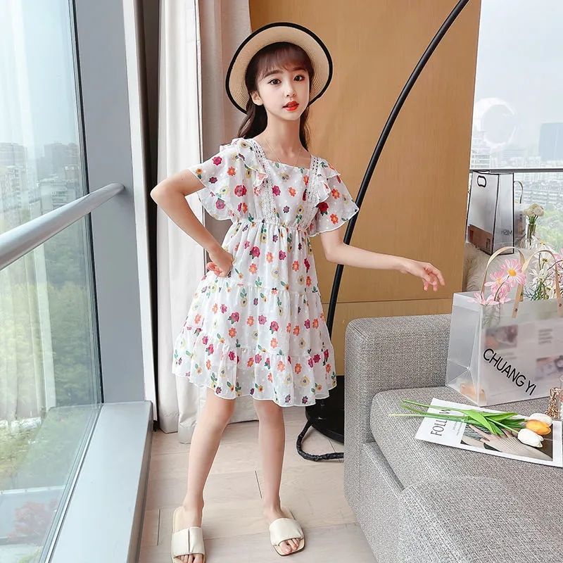 Đầm công chúa vải chiffon tay ngắn in hoa thời trang mùa hè 2021 cho bé gái
