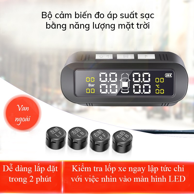 Bộ cảm biến đo áp suất lốp oto có màn hình LCD, sạc pin bằng năng lượng mặt trời - C1002