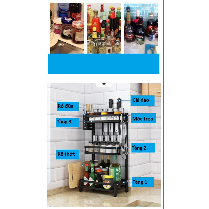 Kệ Gia Vị 3 Tầng Đa Năng Tặng Kèm Rổ Đũa và Giá Đỡ Thớt - Hàng Chính Hãng