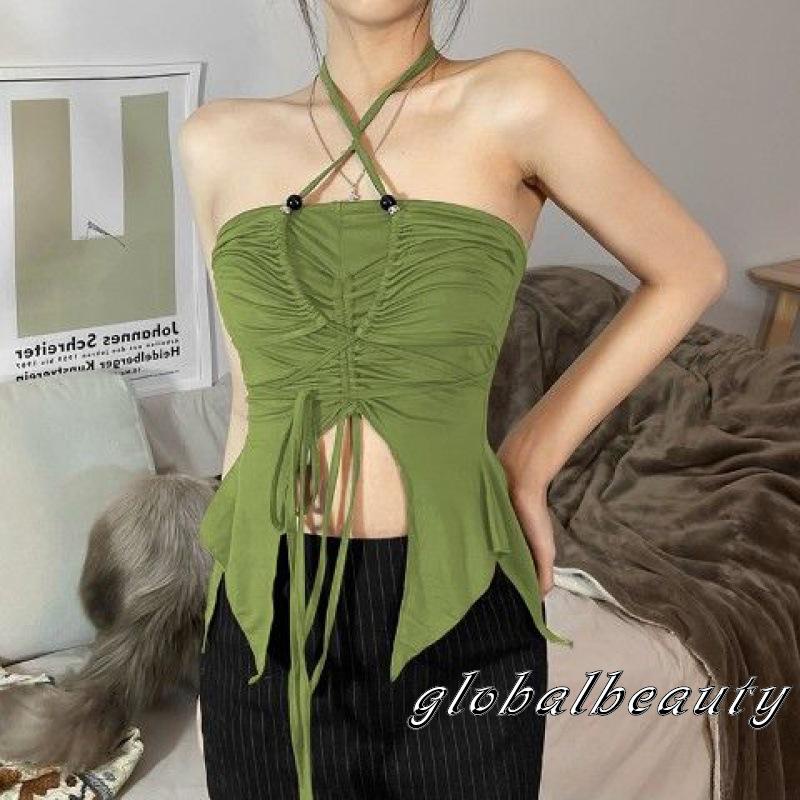 Áo Croptop Màu Trơn Dây Rút Cổ Yếm Kiểu Bất Đối Xứng Thời Trang Cho Nữ