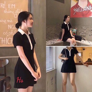 váy thun polo cổ bẻ đen phối trắng