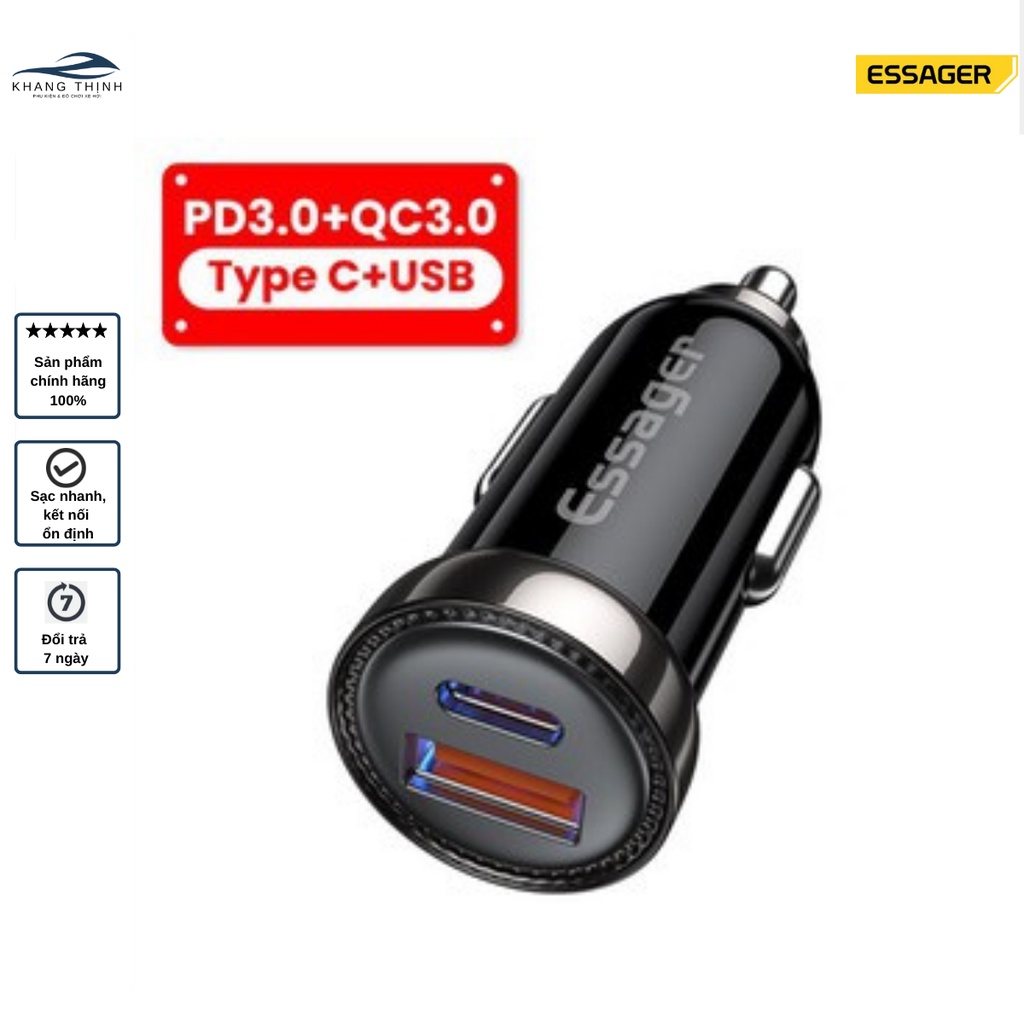 Tẩu sạc nhanh ESSAGER 2 cổng Type C, USB 3.0 cao cấp, chống cháy nổ cho ô tô, xe máy Khang Thịnh
