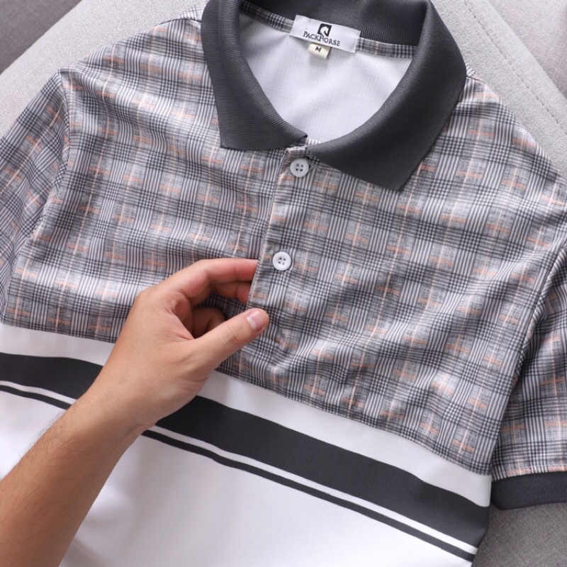 Áo thun Polo nam phối sọc caro chất cá sấu poly mịn mát ASTD149