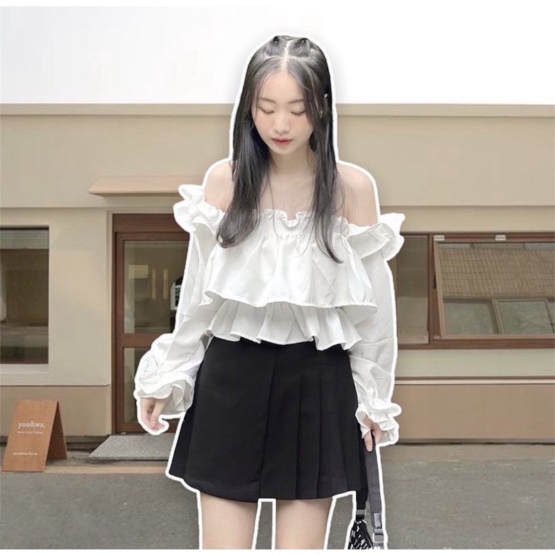 Set áo croptop babydoll thắt nơ ngực MIA TOP mix chân váy chữ A xếp ly lệch