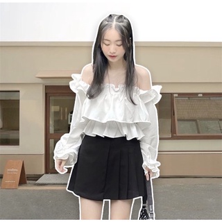 Set áo croptop babydoll thắt nơ ngực MIA TOP mix chân váy chữ A xếp ly lệch