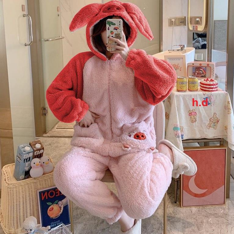 Bộ jumpsuit thêu mặt Lợn dáng liền thân chất lông cừu dày giữ nhiệt tốt form rộng oversize kèm ảnh thật