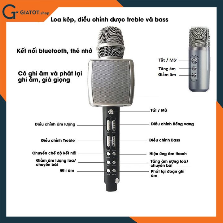 Micro karaoke bluetooth YS98 cao cấp thêm 1 mic để hát song ca tích hợp loa bass tress