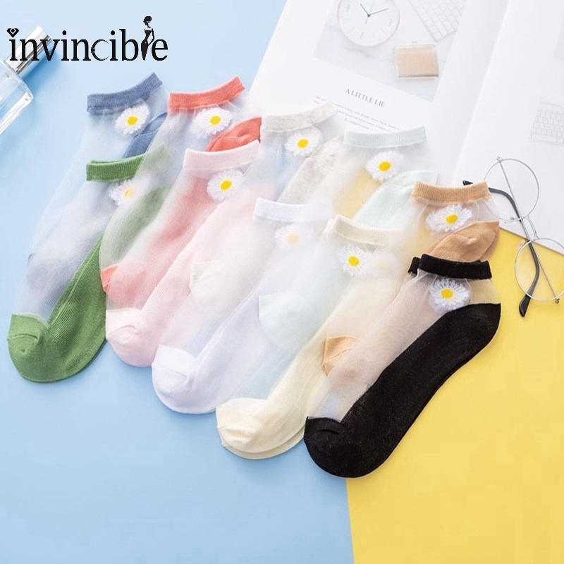 9 Colors Summer Transparent Breathable Sweat Absorbent Ankle Socks/ Small Daisy Glass Fiber Short Socks/ Chamomile Silk Socks