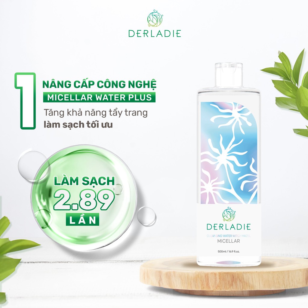 MUA 1 TẶNG 1] Nước Tẩy Trang Làm Sạch Da,  Dịu Nhẹ Cho Da Mụn Derladie Cleansing Water Witch Hazel 500ml