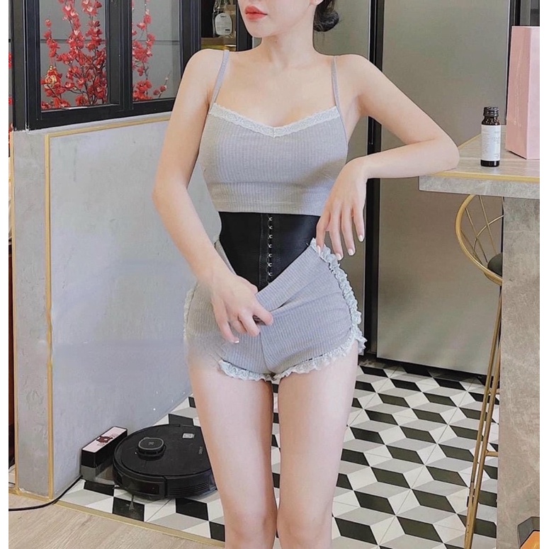 Sét đồ bộ nữ áo 2 dây gân phối ren viền chất vải thun gân len 4 chiều FreeSize dưới 51kg