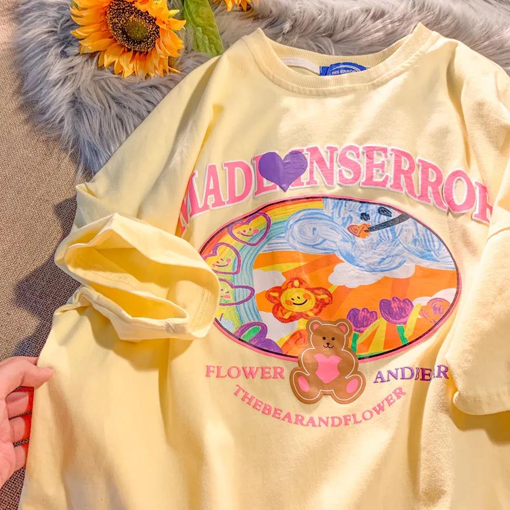 Áo Thun Tay Ngắn Dáng Rộng In Hoạt Hình Gấu Kiểu Hàn Quốc Thời Trang Mùa Hè Cho Nữ