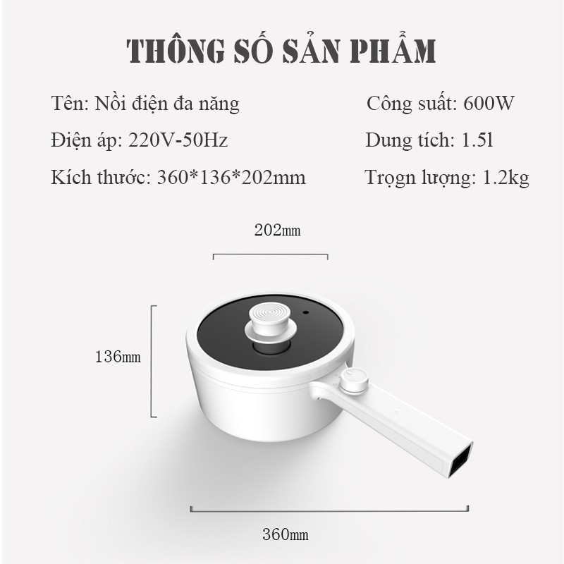 Nồi Nấu Mì Nồi Điện Mini Nồi Lẩu Điện Chảo Chống Dính Đa Năng Dung Tích 1.5L Công Suất 600W 2 Chế Độ