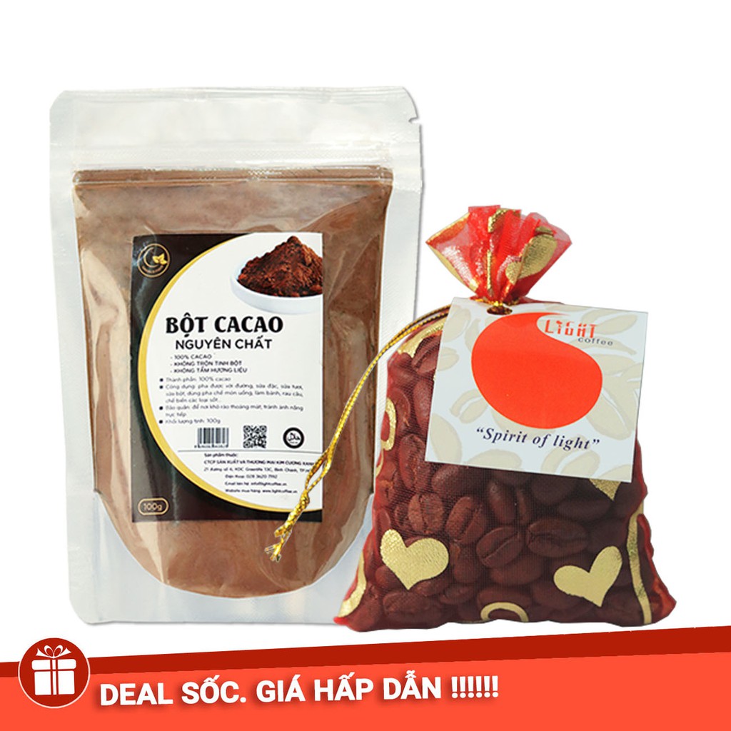 Combo ca cao nguyên chất 100% gói 100g + Túi thơm cà phê khử mùi 50g Light Coffee