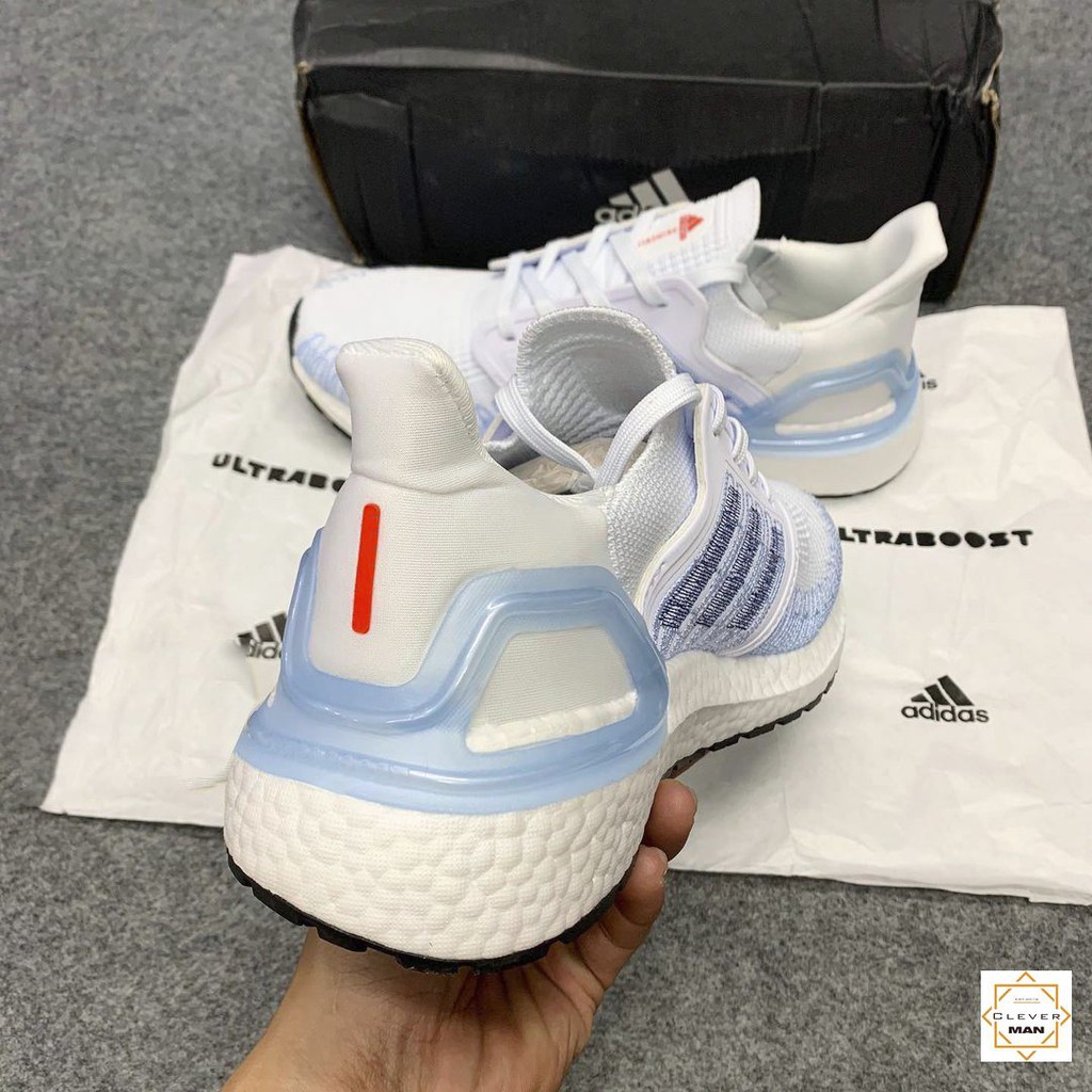 (FREESHIP+QUÀ) Giày thể thao Sneakers ULTRA BOOST 2020 white trắng sọc xanh nhạt Ultra boost 6.0