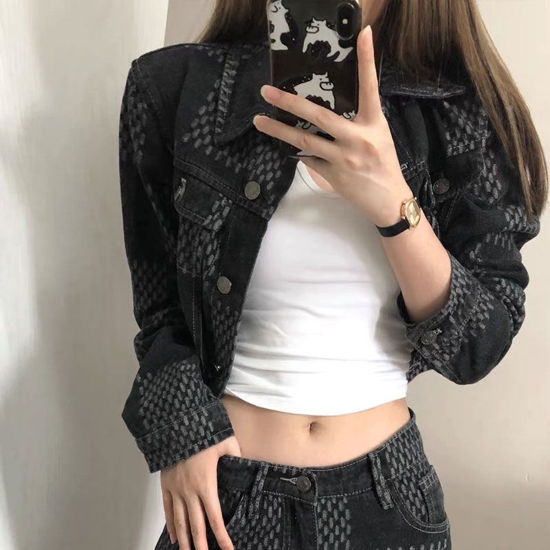 Set Áo Khoác Denim + Quần Dài Lưng Cao Ống Đứng Họa Tiết Sọc Caro Phong Cách Mỹ Thời Trang Mùa Thu Cho Nữ