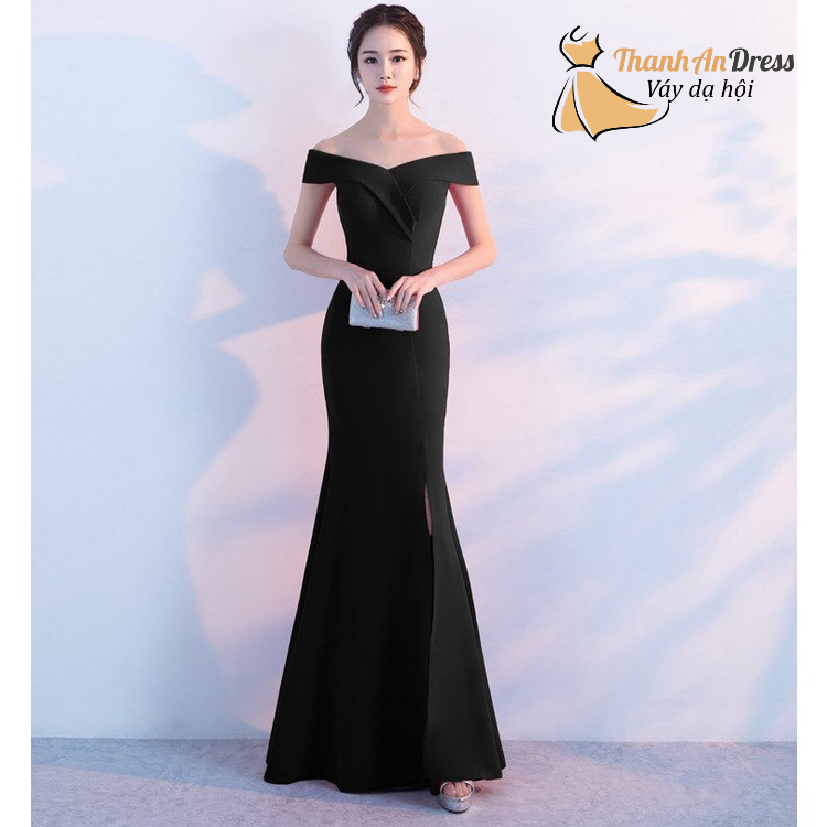 Đầm body dạ hội chất thun xẻ đùi thiết kế trễ vai