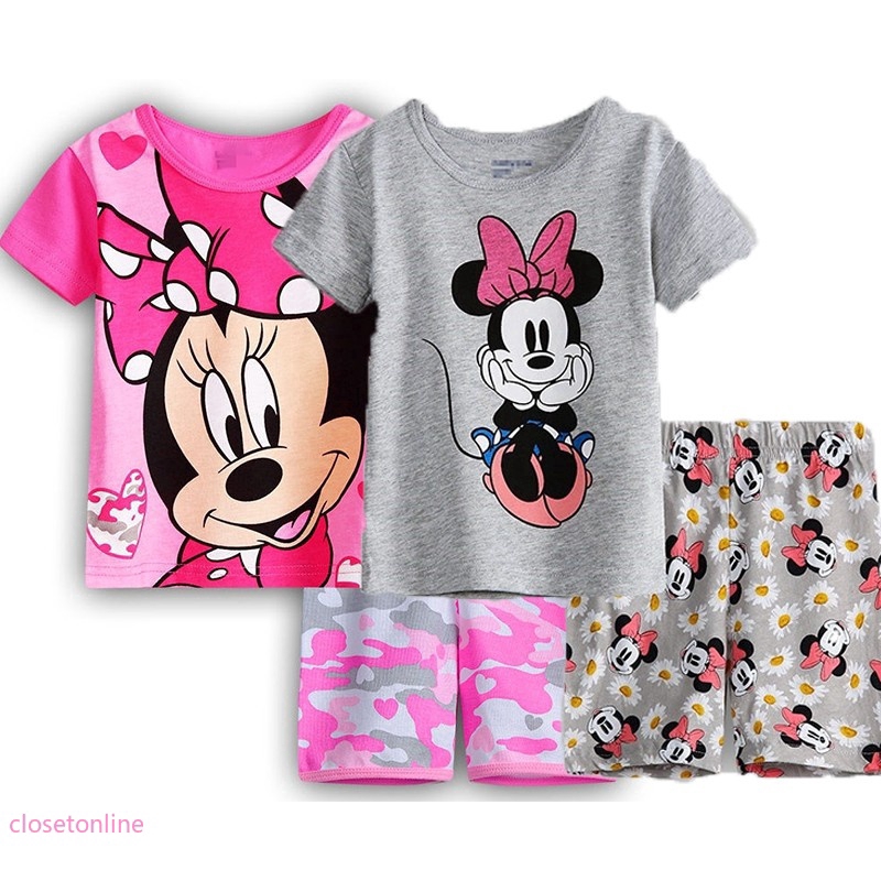 Kids Baby Girls Pajamas Set Summer Shirt Short Sleeve Minnie Mouse Cotton Pants Causal