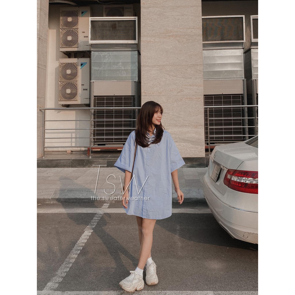 Váy sơ mi thô tay gập form rộng oversize shirt dress (Ảnh thật)